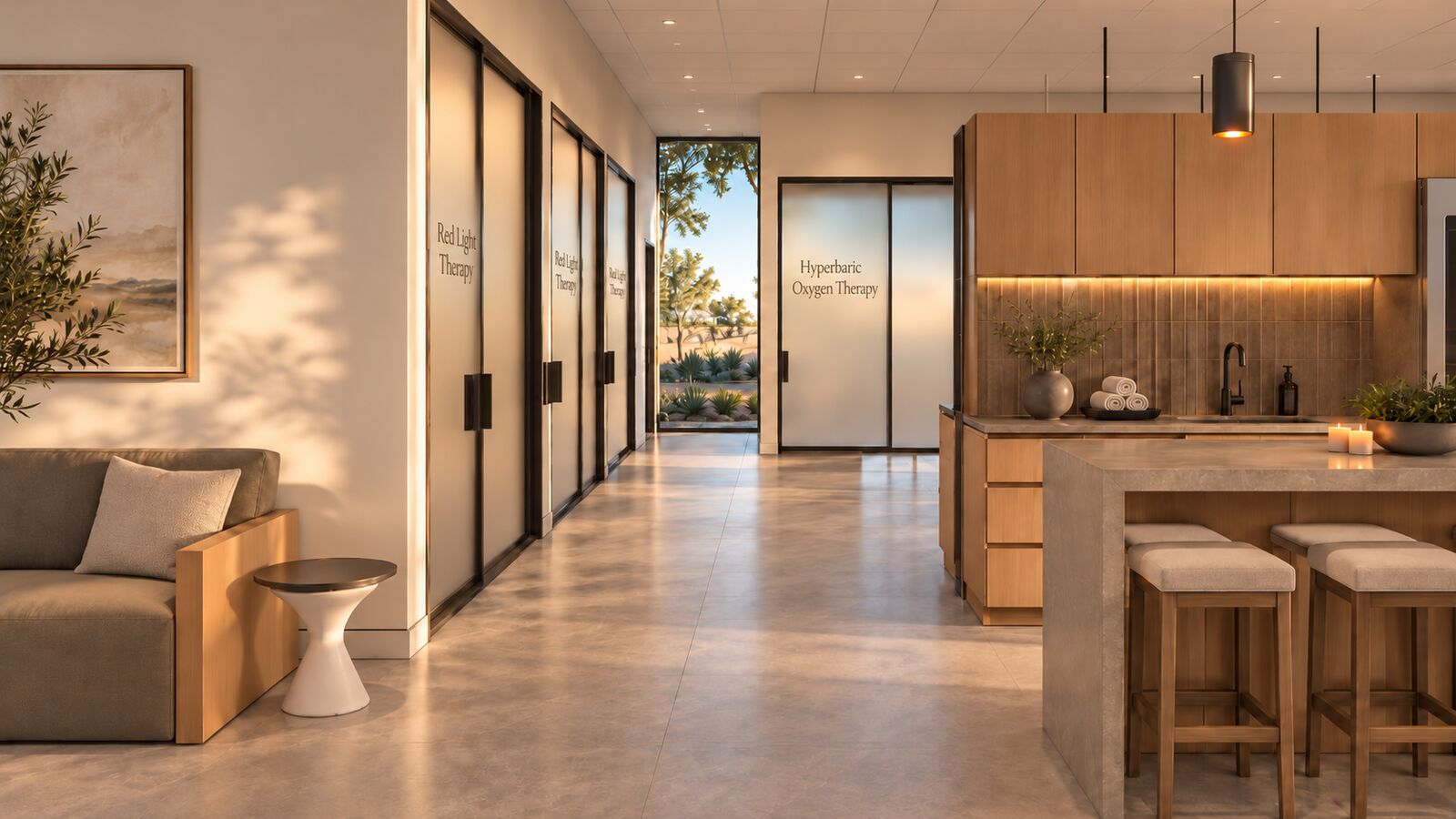 Architect's rendering of a clinic hallway with private rooms for red light therapy and hyperbaric oxygen therapy, a lounge sofa and a kitchen bar.